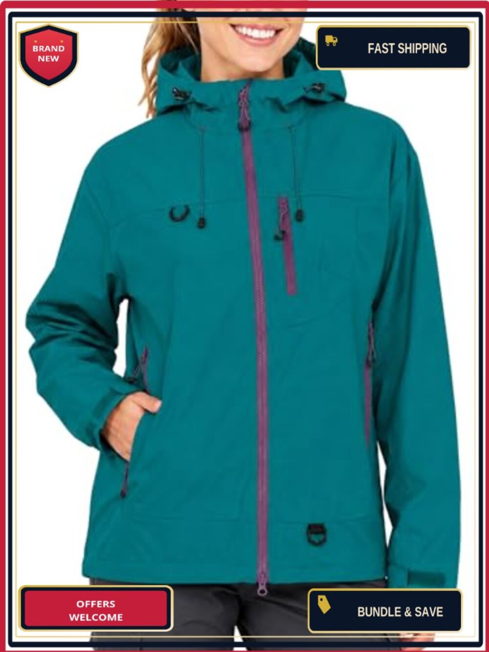 Women's Lightweight Shell Jacket Waterproof Windproof Adjustable Hood Zip